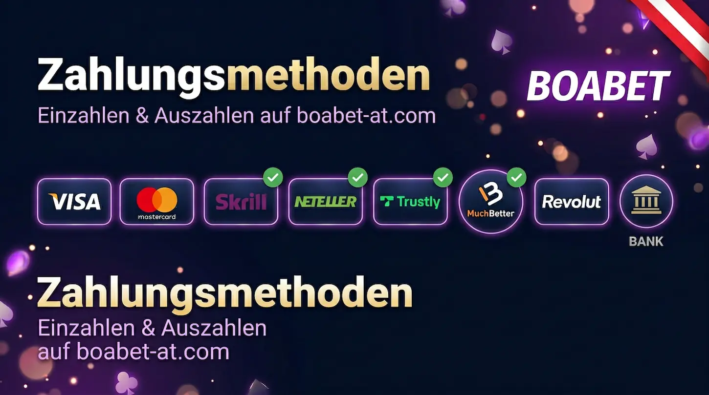 BoaBet Casino Zahlungsmethoden für Österreich – Einzahlen und Auszahlen mit Visa, Skrill, Neteller und mehr auf boabet-at.com.